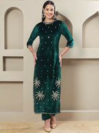 Joban Fashion Women Green Velvet Hand Embellishment Stitched Kurta Set - Distacart