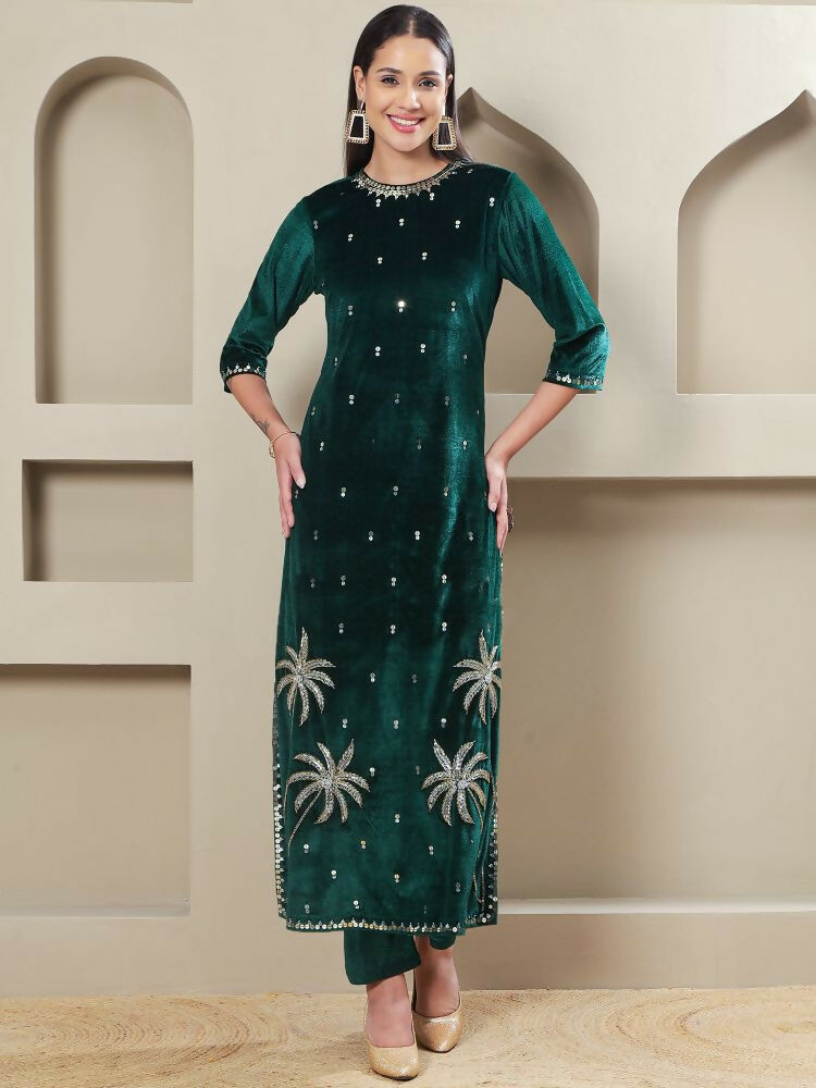 Joban Fashion Women Green Velvet Hand Embellishment Stitched Kurta Set - Distacart