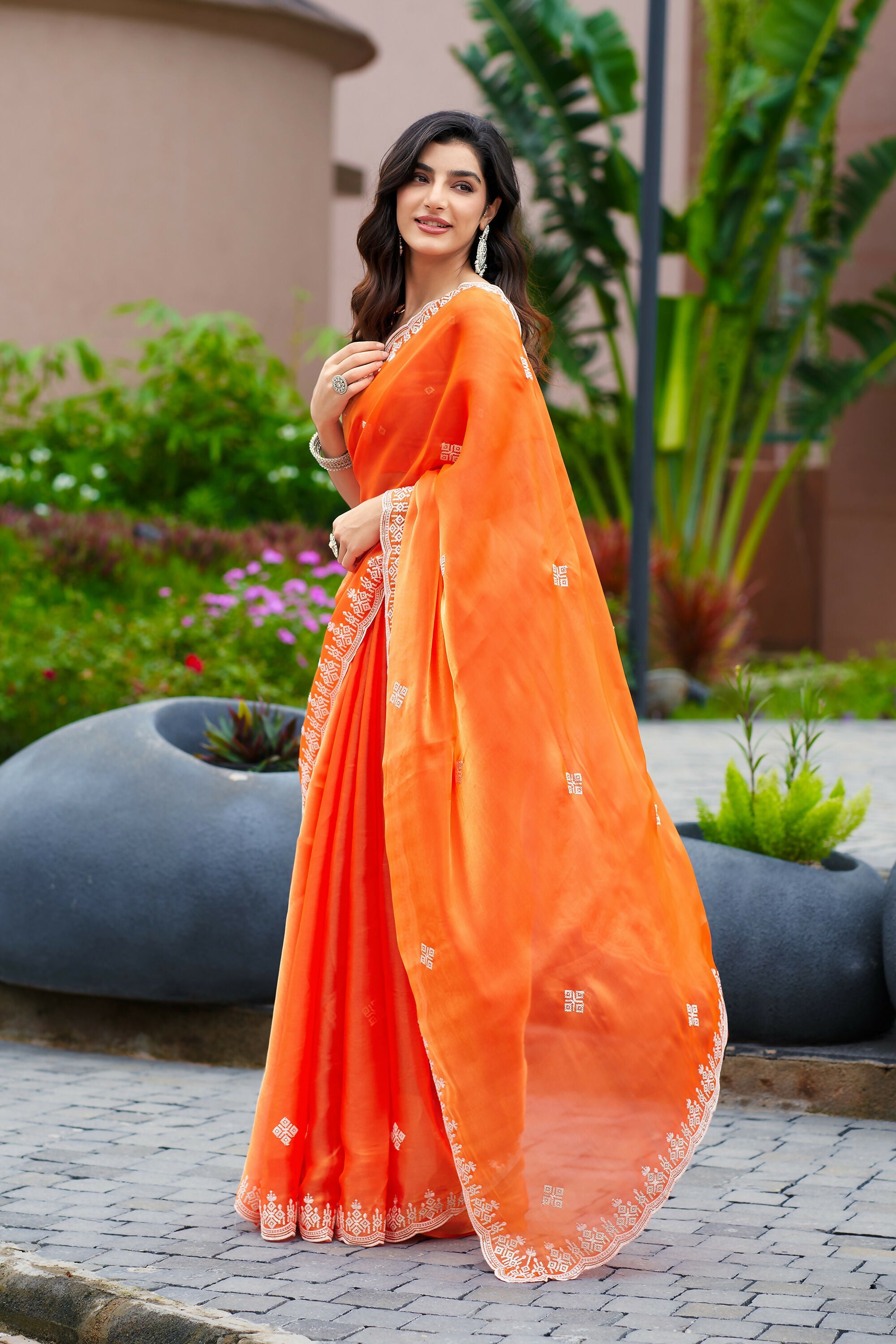 Vastranavya Orange Embroidery Work Shimmer Chiffon Saree with Unstitched Blouse - Distacart