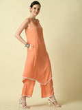 Myshka Women's Peach Embroidered Kurta With Palazzo