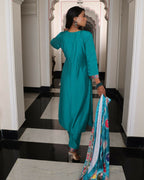 Jyoti Fashion Women's Teal Viscos Simmer Hand Work with Floral Printed Kurta Set