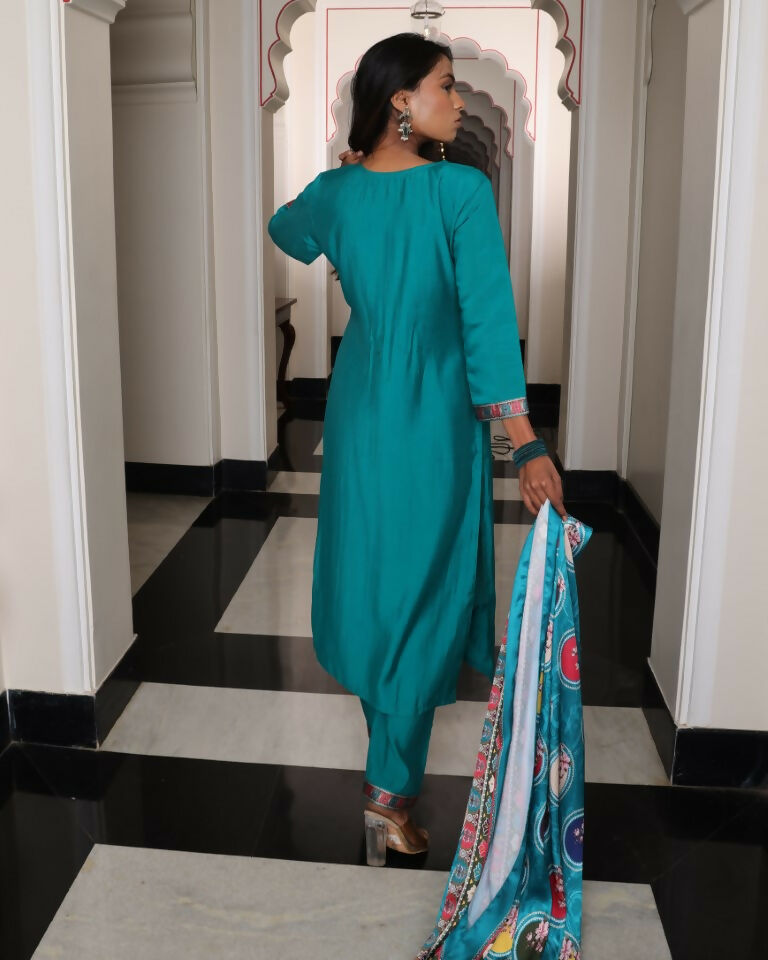 Jyoti Fashion Women's Teal Viscos Simmer Hand Work with Floral Printed Kurta Set