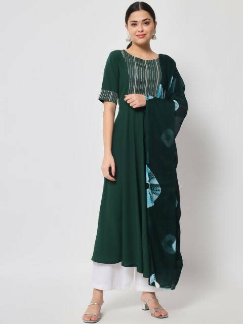 FIORRA Women's Bottle Green Poly Crepe Flared Kurta With Dupatta