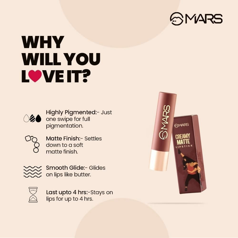 MARS Cosmetics Creamy Matte Long Lasting Lipstick For Women (12-Khoobsurat Kuchipudi) - Distacart