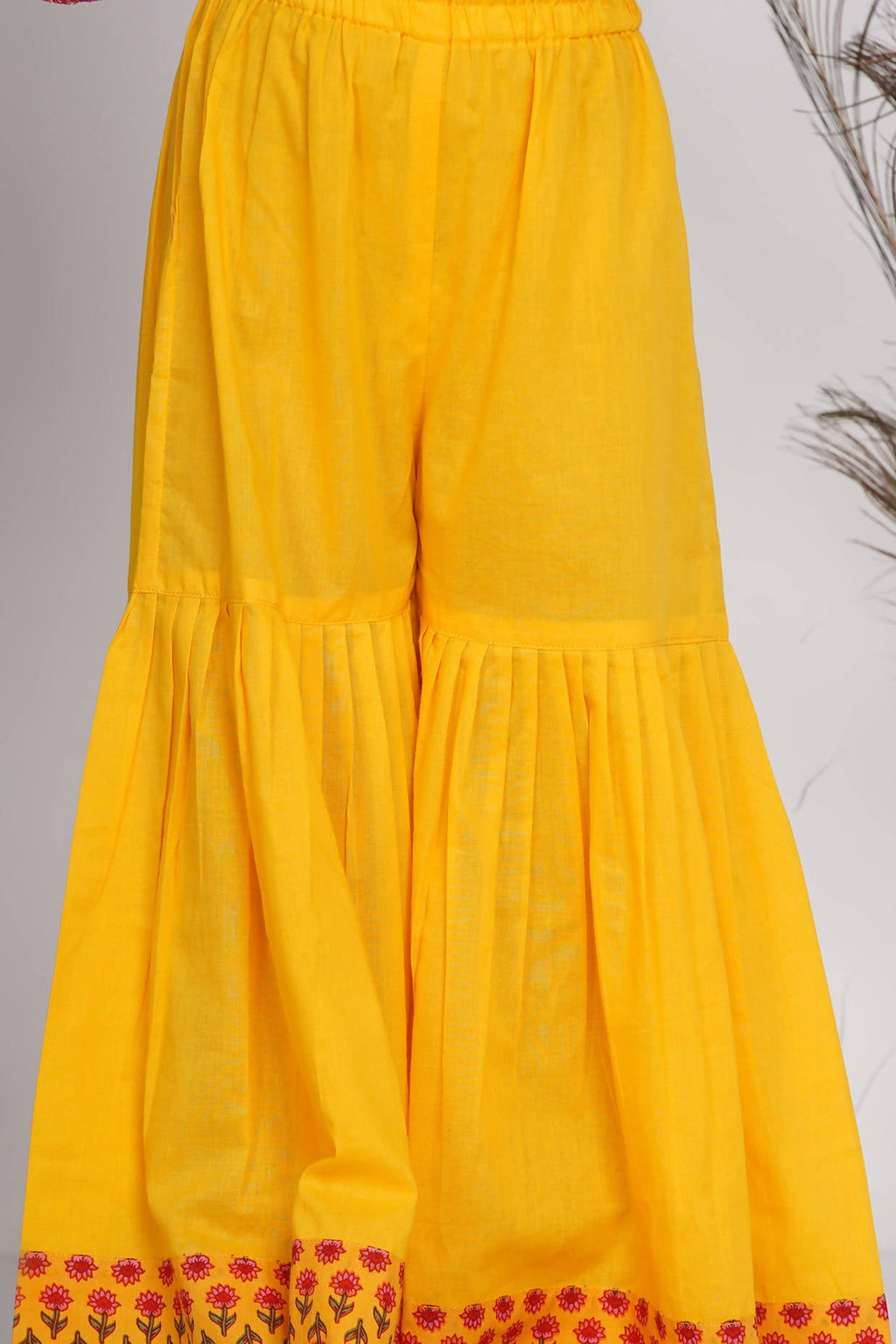 Little Bansi Girls Cotton Kurta frock with booti work,Sharara & Dupatta - Yellow