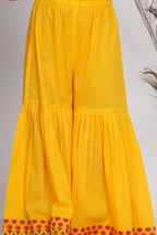 Little Bansi Girls Cotton Kurta frock with booti work,Sharara & Dupatta - Yellow