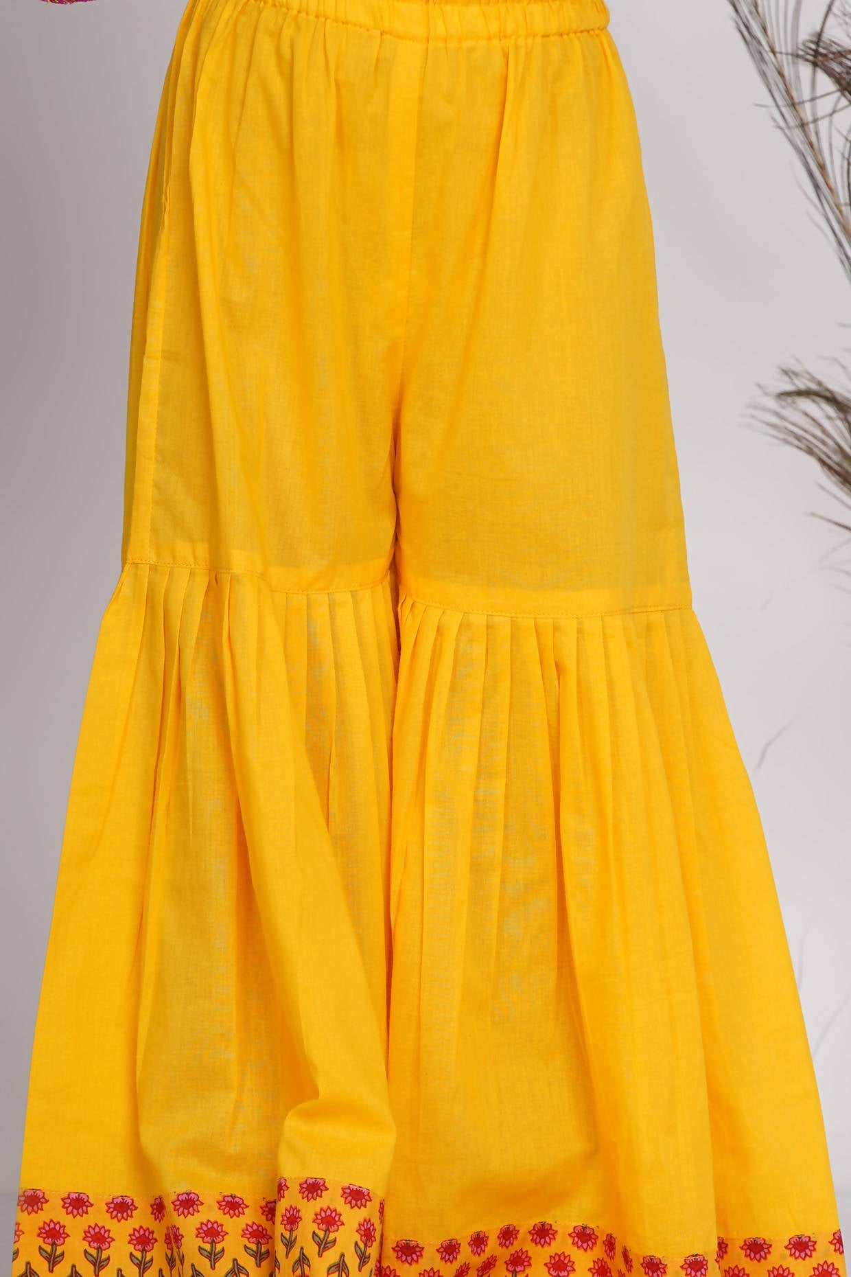 Little Bansi Girls Cotton Kurta frock with booti work,Sharara & Dupatta - Yellow