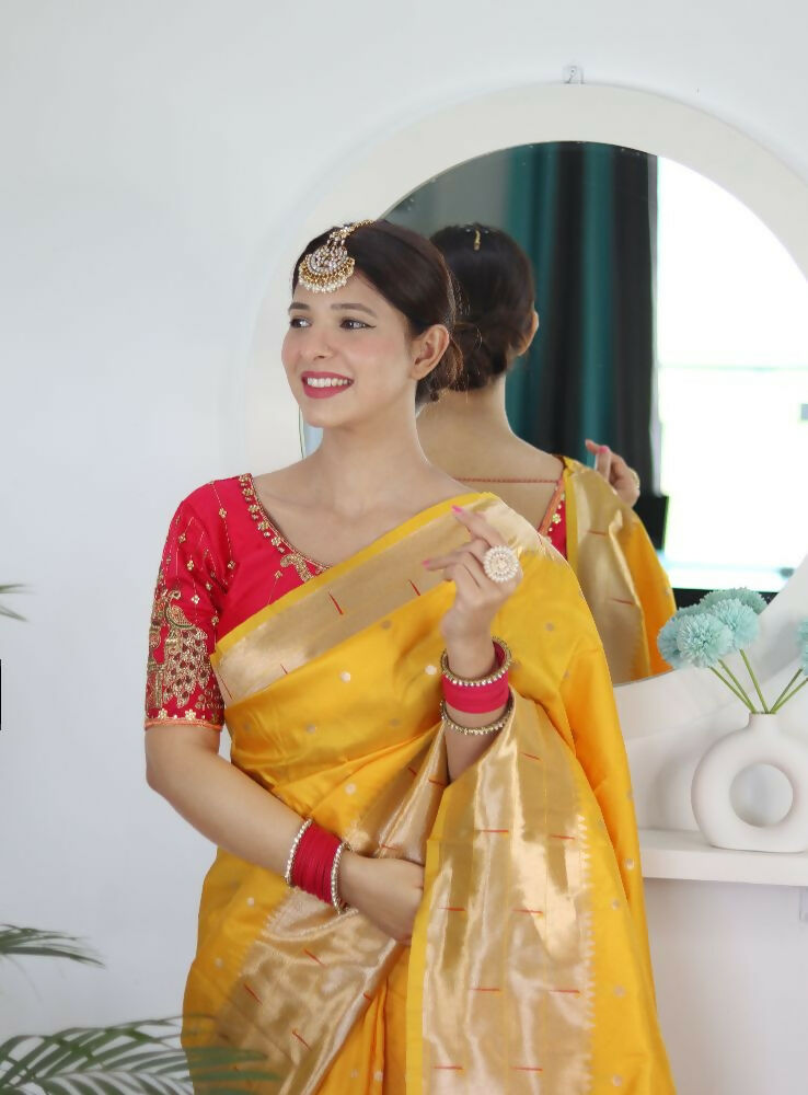 Yellow Woven Jacquard Designer Embroidery Work Party Wear Saree - Parampara