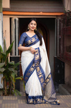 Nblue Silk Zari Woven Saree with Unstitched Blouse - Hiral Fashion