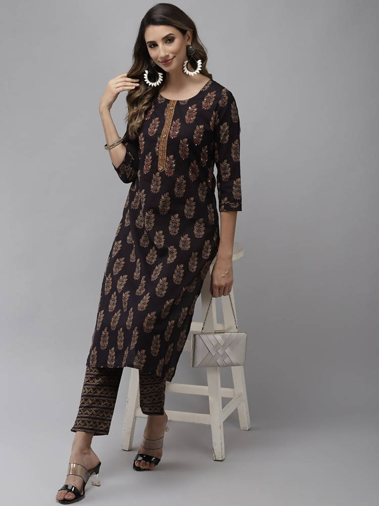 Yufta Women Navy Blue Sequinned Pure Cotton Kurta with Trouser