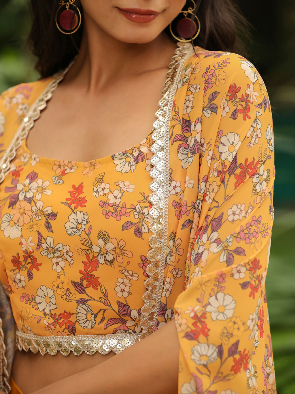 Janasya Mustard Georgette Floral Top Bottom Cape