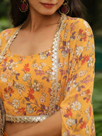 Janasya Mustard Georgette Floral Top Bottom Cape