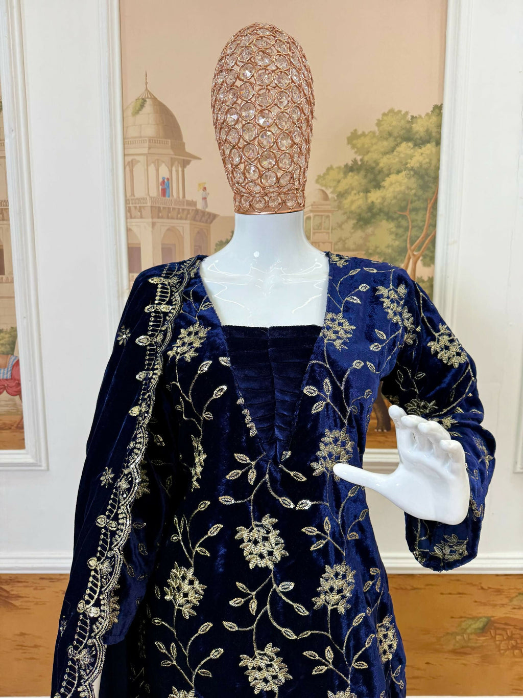 Vastranavya Blue Velvet Front Embroidery Work Kurta With Bottom & Dupatta - Distacart