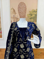 Vastranavya Blue Velvet Front Embroidery Work Kurta With Bottom & Dupatta - Distacart