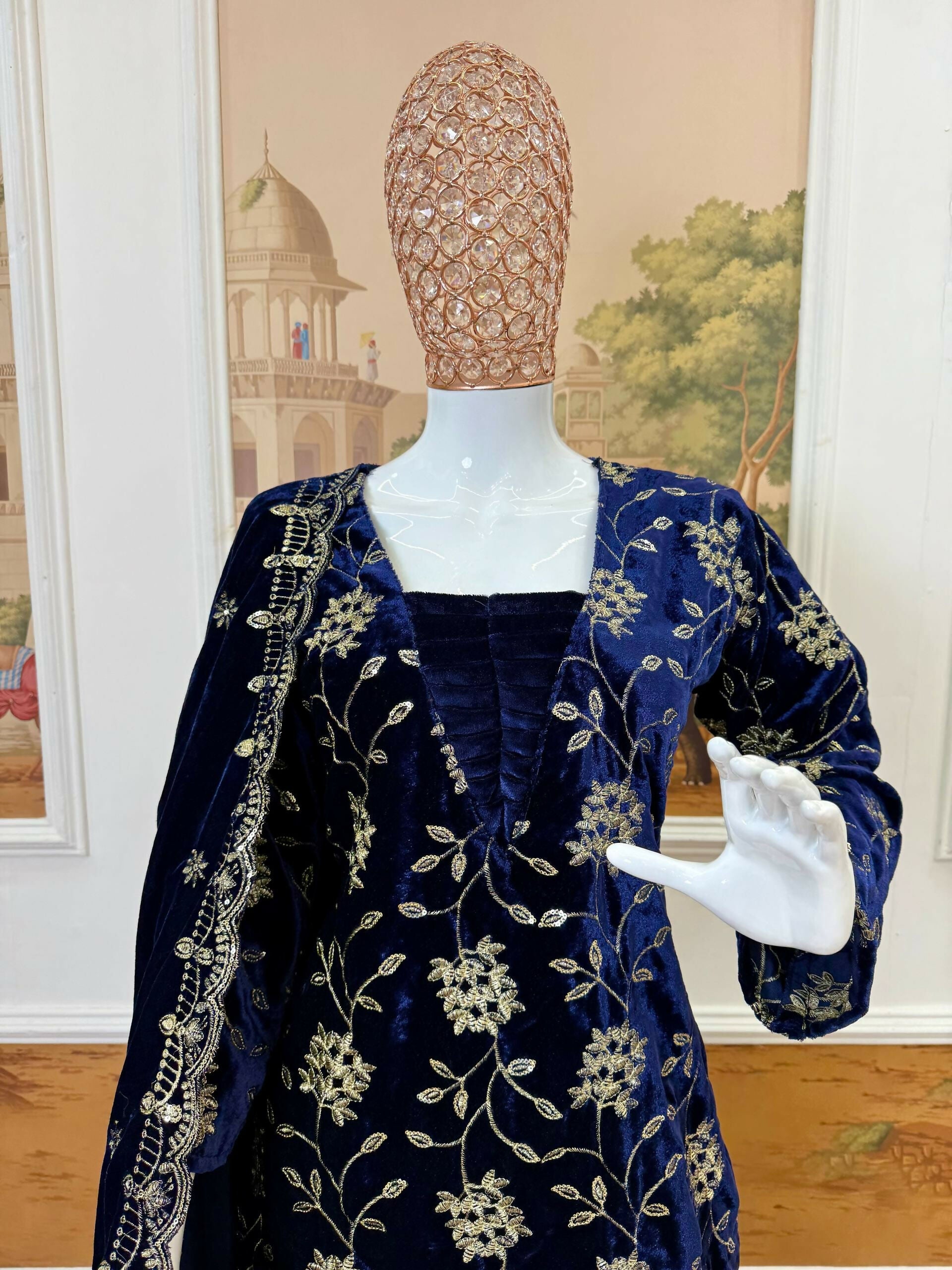 Vastranavya Blue Velvet Front Embroidery Work Kurta With Bottom & Dupatta - Distacart