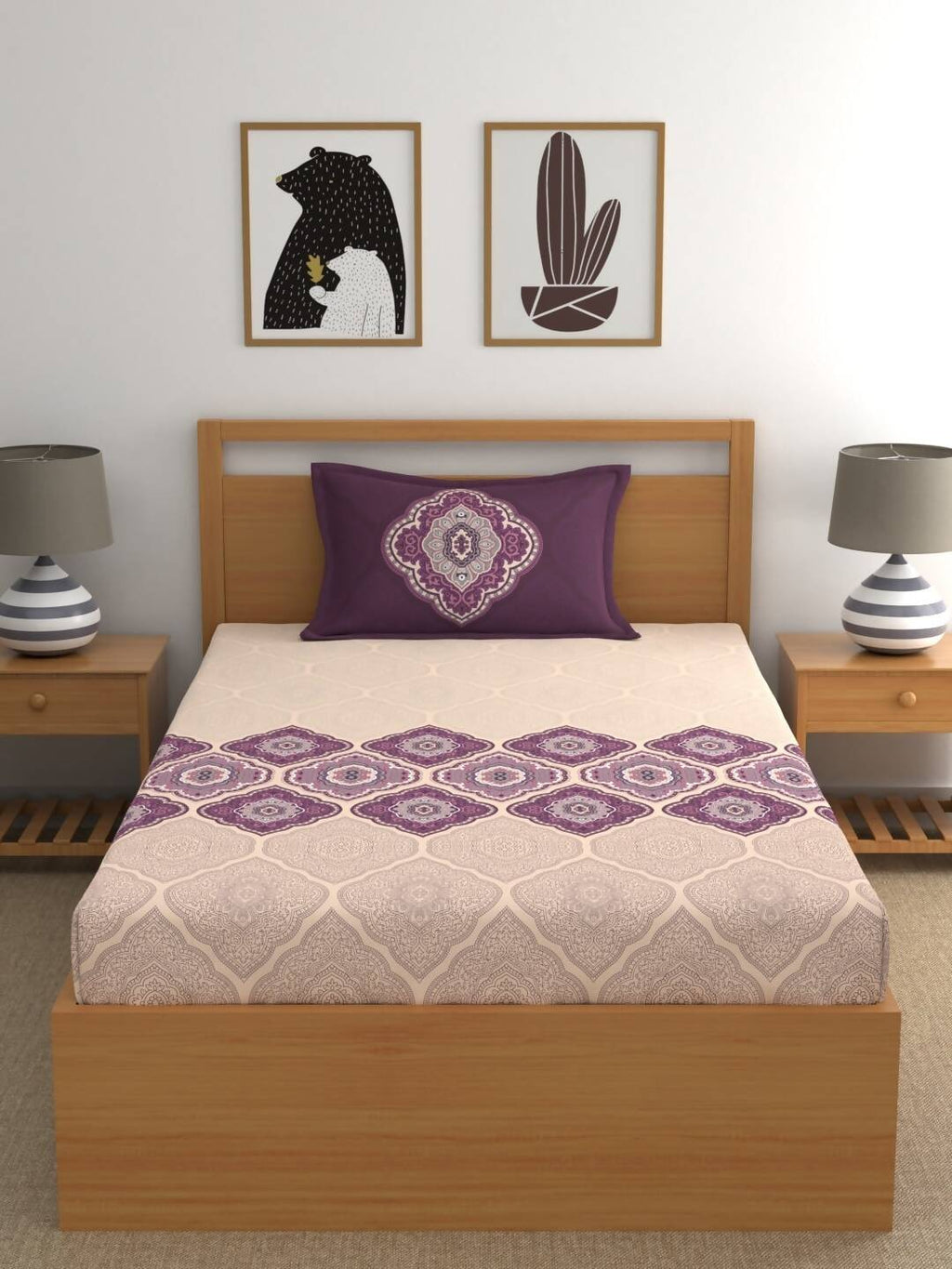 Dreamscape Purple & Cream-Coloured 144 TC Bedsheet with Pillow Covers - Distacart