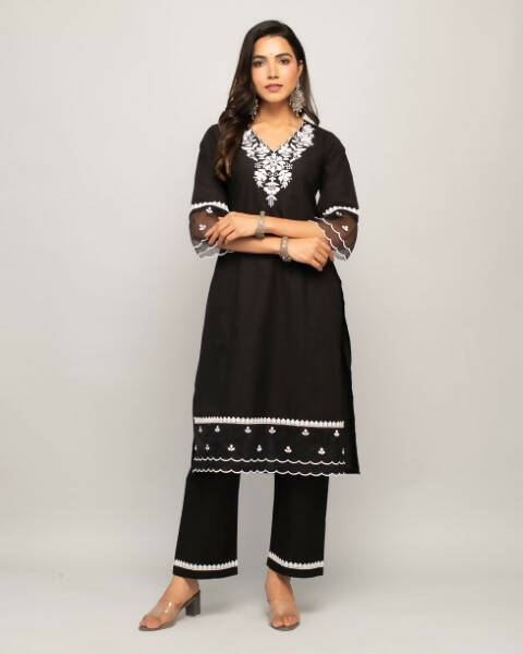FIORRA Women's Black Cotton Straight Kurta Palazzo Set