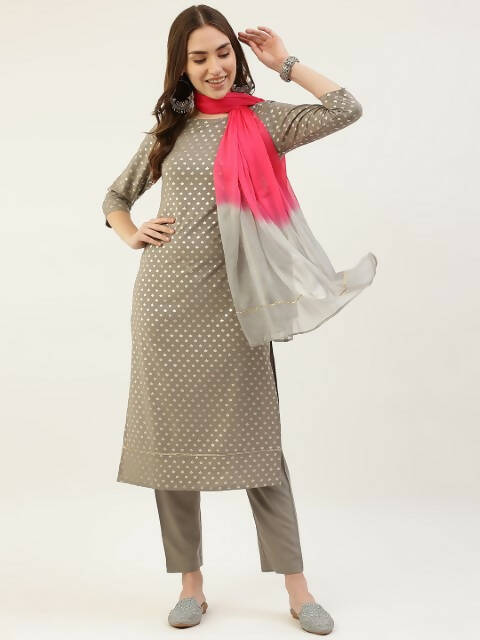 FIORRA Women's Grey Poly Crepe Straight Kurta Pant With Dupatta