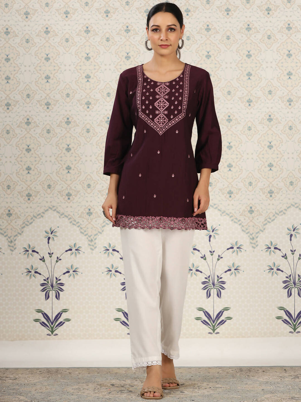 Magenta Chinon Embroidered Straight Top - Zeny