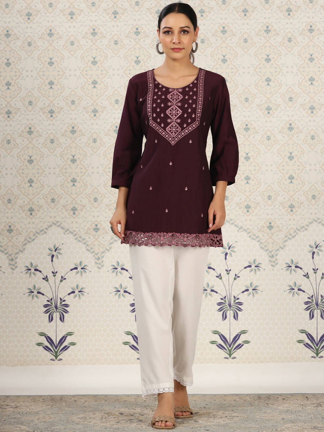 Magenta Chinon Embroidered Straight Top - Zeny