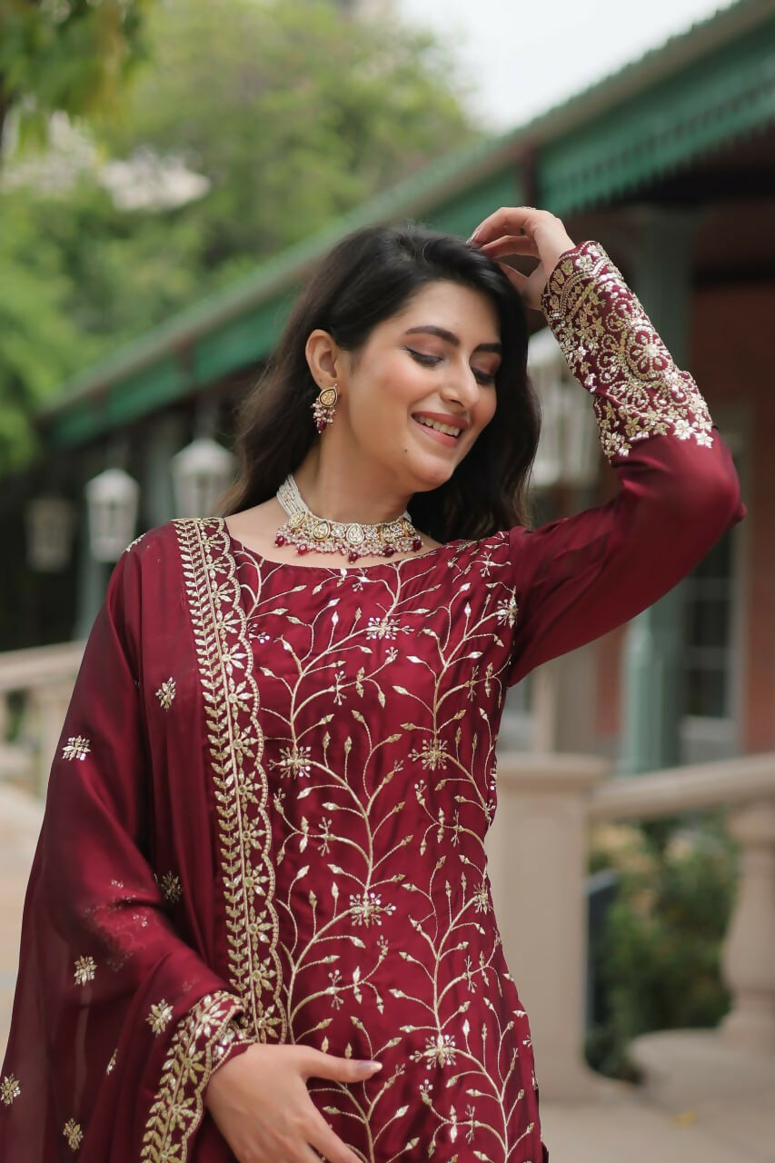 Vastranavya Premium Designer Heavy Sequins & Thread Embroidered work Kurti Palazzo & Dupatta - Maroon