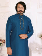 Anaita Teal Silk Straight Kurta With Neck Mirror Work