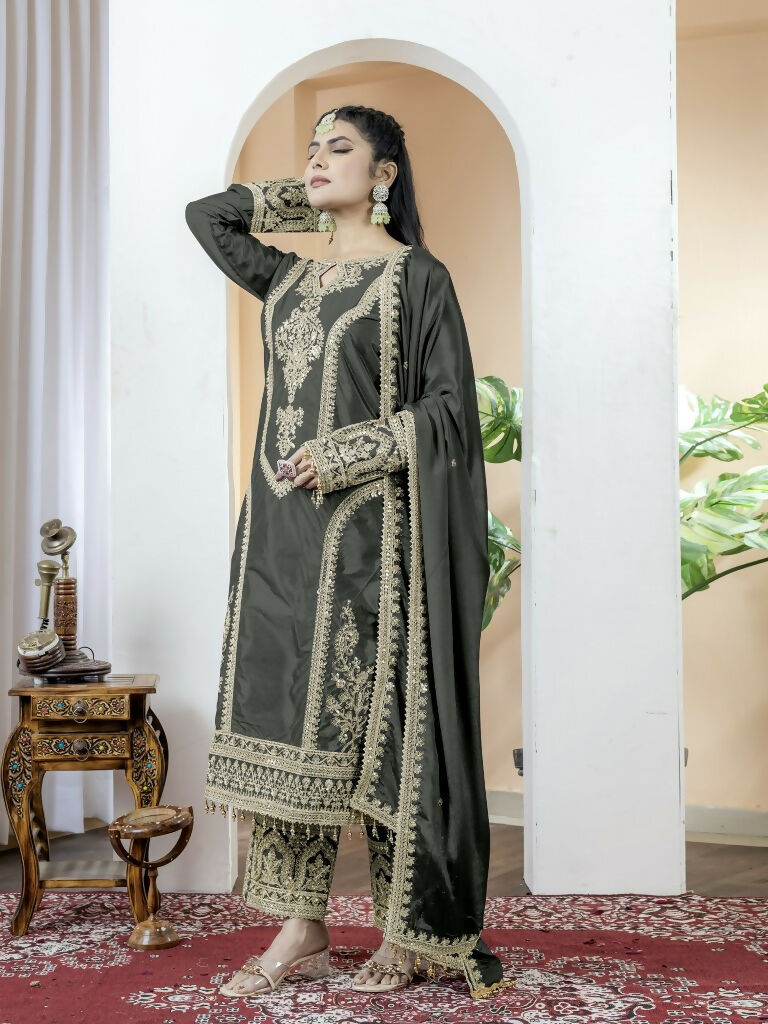 Teeya Creation Black Color Chinnon Silk Embroidery Work Fully Stitched Salwar Suit - Distacart