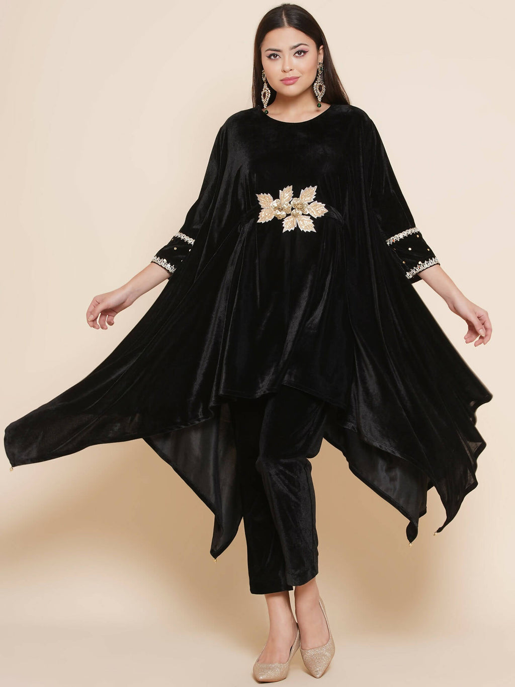 Women Republic Black Velvet Kaftaan Style Kurta With Pants - Distacart