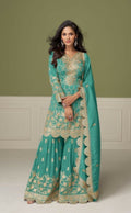 Anaita Sky Blue Real Shimmer Readymade Suit with Embroidery & Real Mirror Work - Distacart