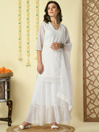 Myshka Women's White Georgette Kurti & Skirt With Dupatta Party Sets