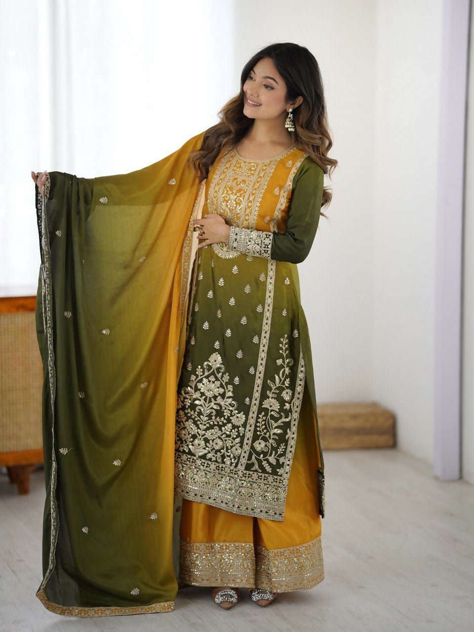 The52 Women's Gorgeous Chinon silk Fabric Embroidery Work Straight Kurta Palazzo and Dupatta Set - Distacart