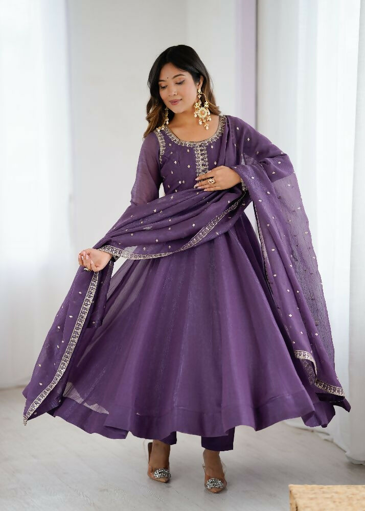 The52 Women's Beautiful Embroidery Work Crunchy Silk Fabric Flared Anarkali Pant and Dupatta Set - Distacart