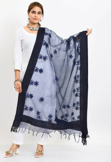 Mominos Fashion Moeza Women's Orgenza All Over Chikan Work Navy Blue Dupatta