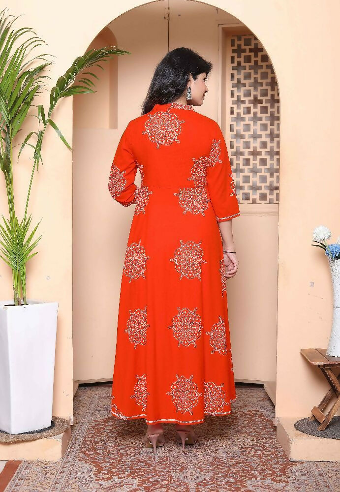 Miravan Women'S Orange Floral Cotton Printed Anarkali Kurta With Dupatta - Distacart
