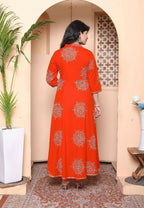 Miravan Women'S Orange Floral Cotton Printed Anarkali Kurta With Dupatta - Distacart