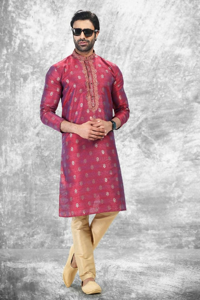 Raivat Ethnic Jacquard Silk Brocade Thread Work Kurta Pajama In Magenta Pink Colour