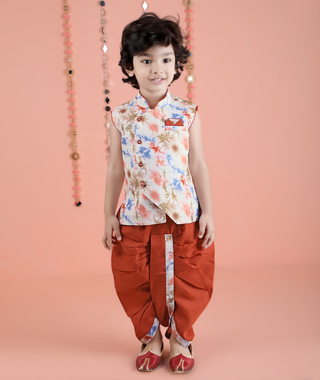 Joban Fashion Kids Island Cotton Sleeveless printed Kurta and Solid Dhoti - Rust