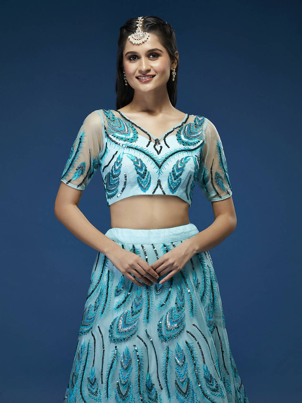 House of Panchhi Seagreen Net Sequins Embroidered Lehenga & Blouse with Dupatta
