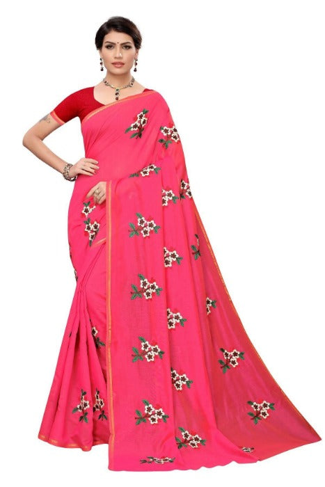 Vamika Chanderi Cotton Embroidery Pink Sarees