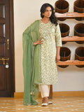 Vaasva Women's Embrald Cream Cotton Foil Printedembroidered Suit Set