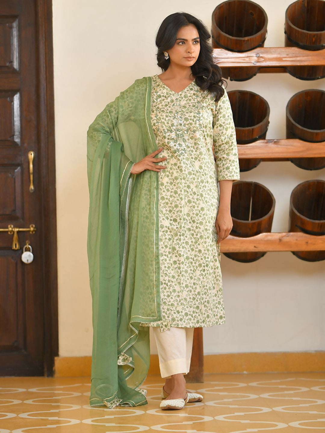 Vaasva Women's Embrald Cream Cotton Foil Printedembroidered Suit Set
