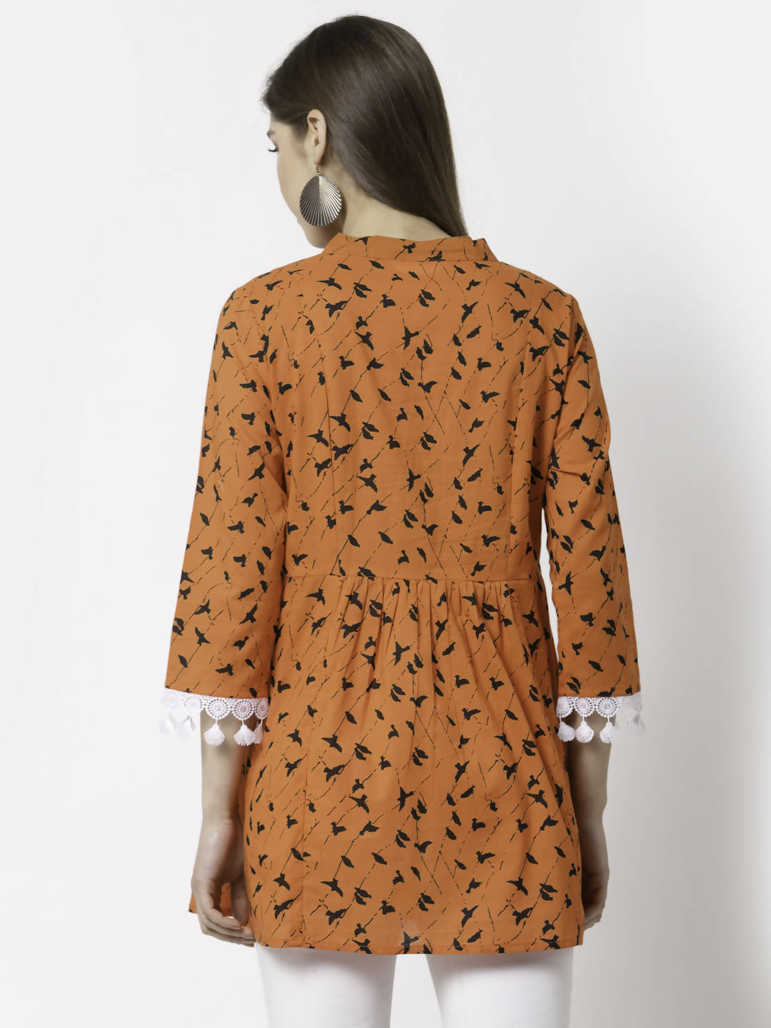 Myshka Women Orange Pure Cotton Printed 3/4 Sleeve Round Casual Tunic