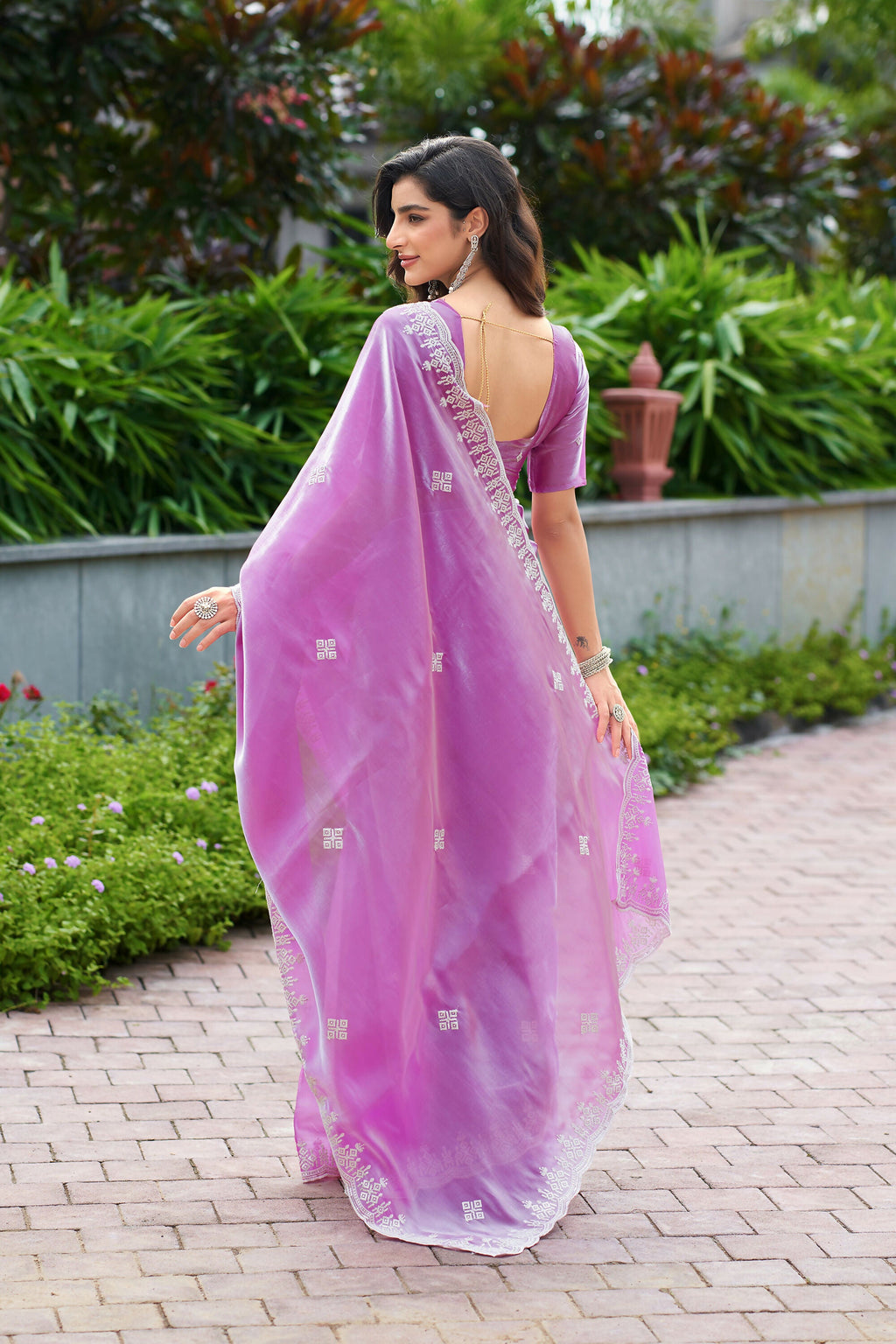 Vastranavya Light Pink Embroidery Work Shimmer Chiffon Saree with Unstitched Blouse - Distacart