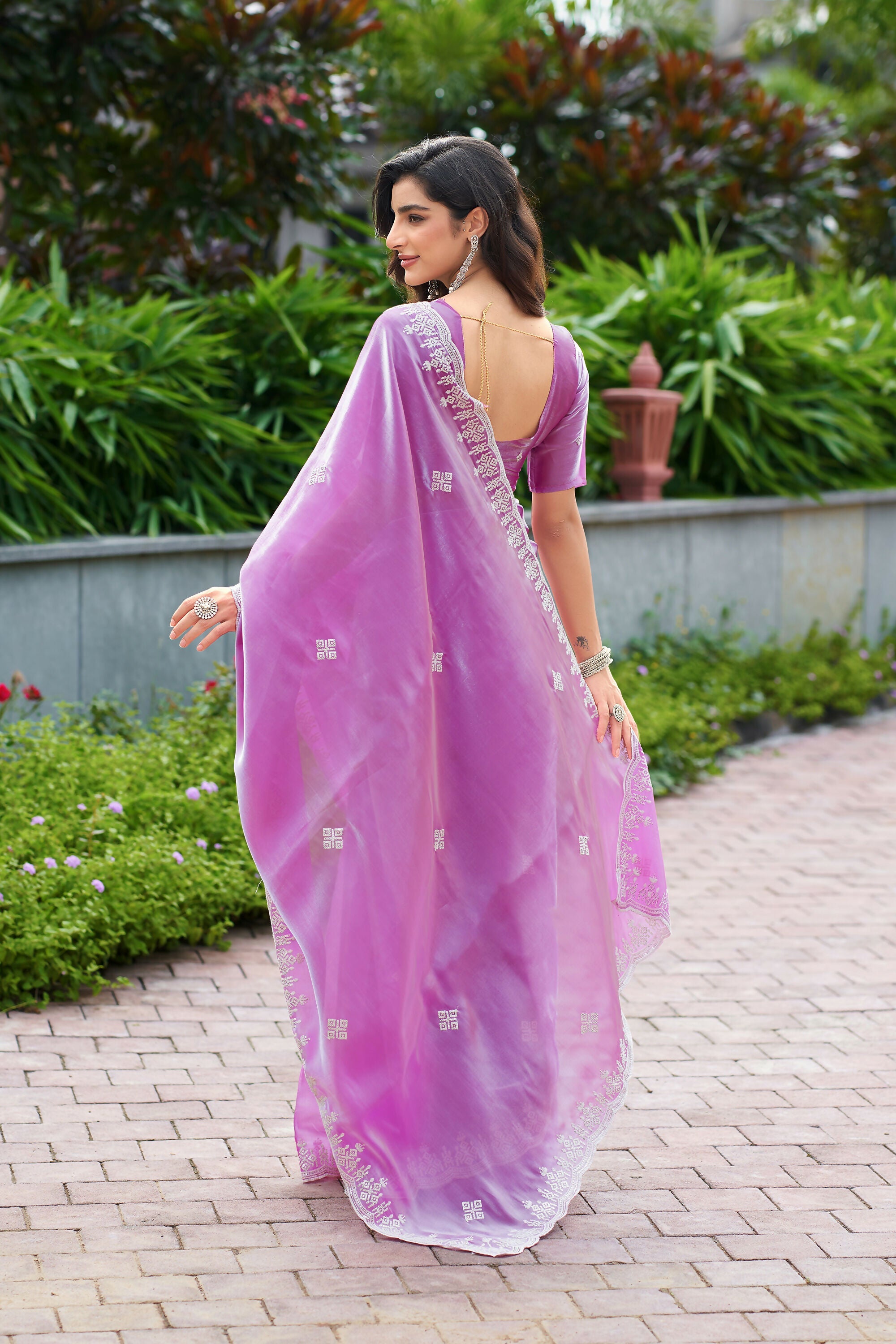 Vastranavya Light Pink Embroidery Work Shimmer Chiffon Saree with Unstitched Blouse - Distacart