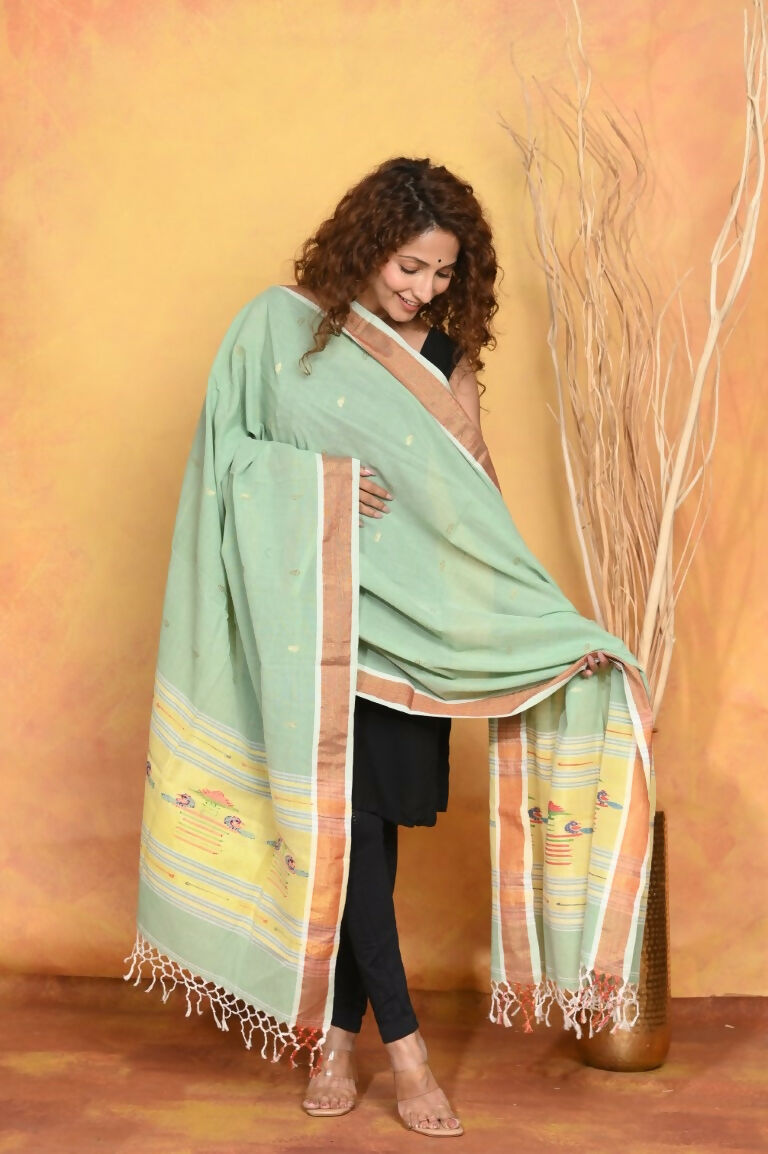 Very Much Indian Handloom Pure Cotton Paithani Dupatta - Sea Green