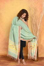 Very Much Indian Handloom Pure Cotton Paithani Dupatta - Sea Green