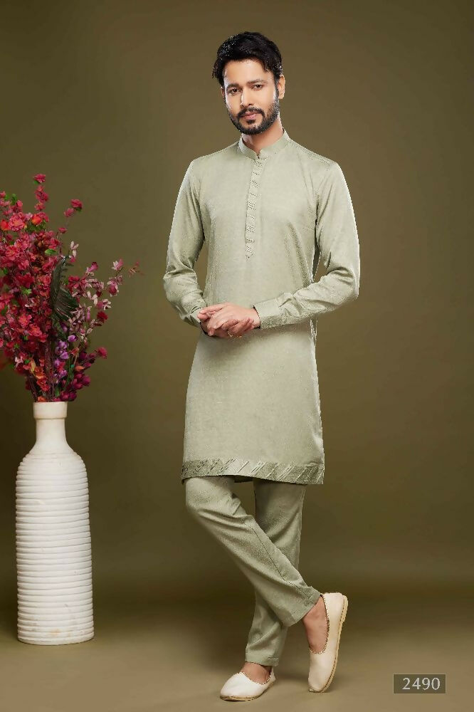 Raivat Ethnic Art Banarasi Silk Thread Work Kurta Pajama In Pista Green Colour