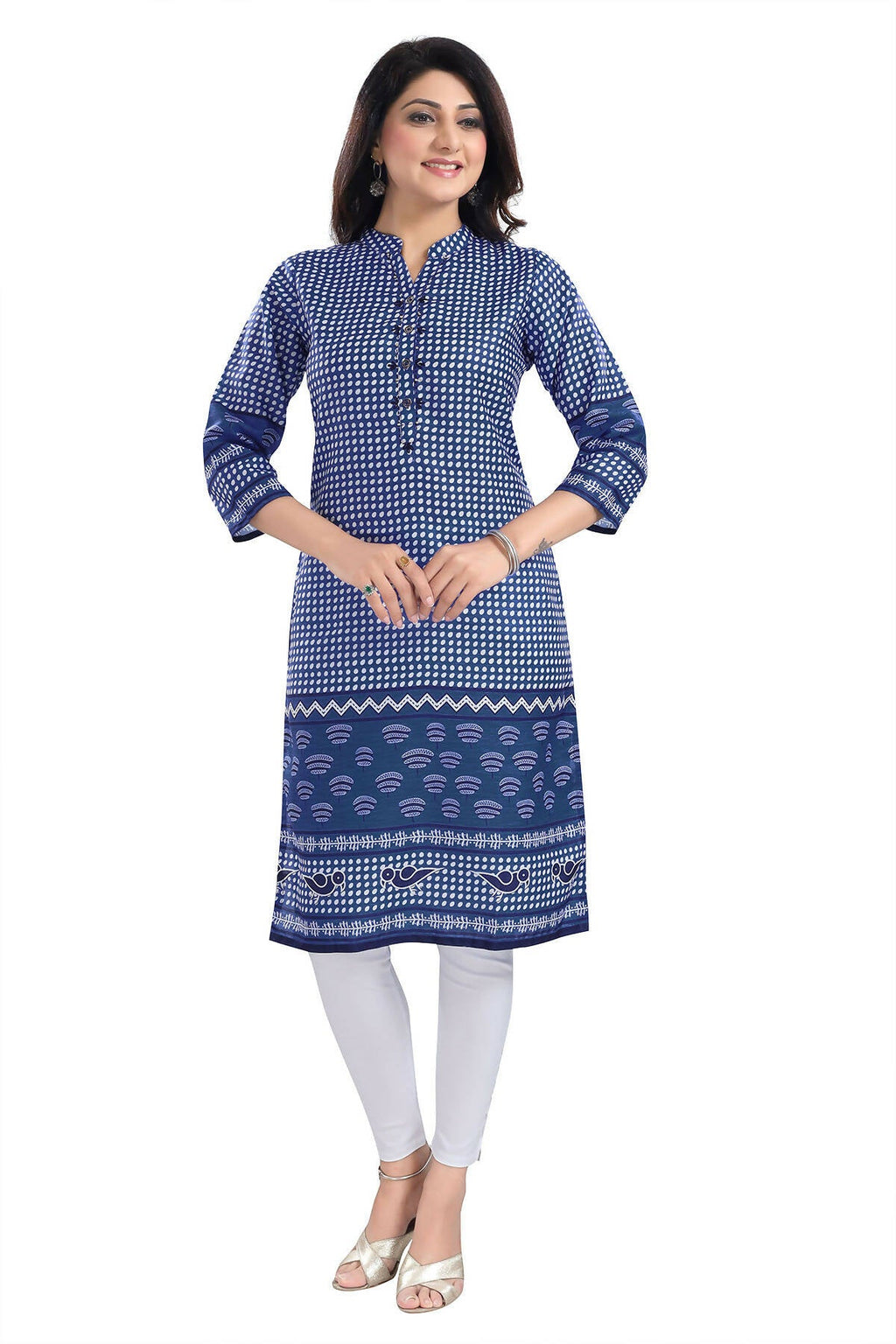 Snehal Creations Indigo Blue Designer Digital Print Cotton Slub Fabric Long Kurti Tunic - Distacart