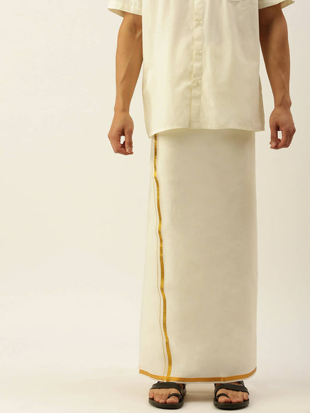 Ramraj Cotton Mens Pure Cotton 1/2 Inch Gold Jari Dhoti - Cream
