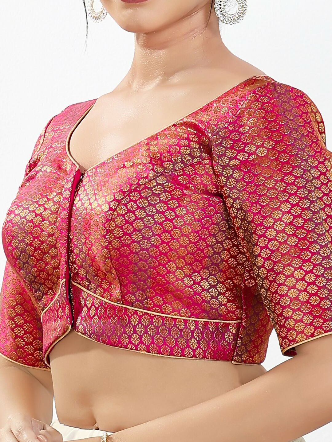 Joban Fashion Pink Brocade Padded Blouse With Sweetheart Neck Elbow Sleeves - Distacart